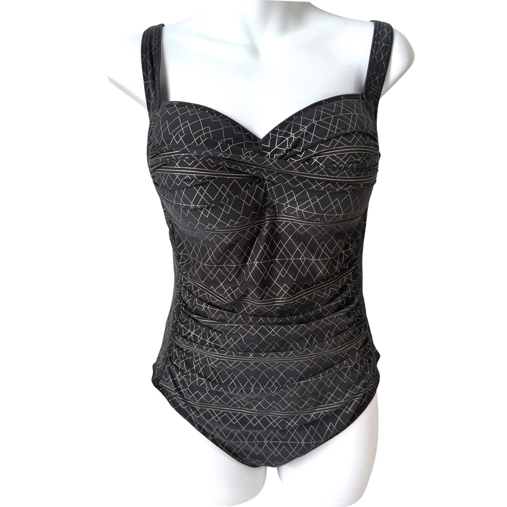Niptuck Womens One Piece Swimsuit 10 Black Gold Geometric Ruched Tummy Control